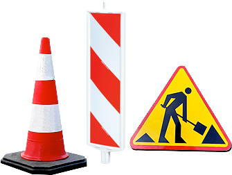 Road signs, road edge delineators, traffic cones and other roadwork accessories